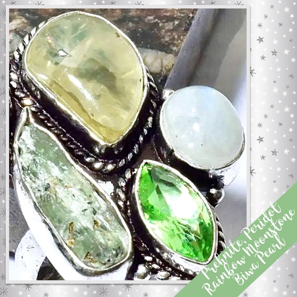 Prehnite, Peridot, Biwa Pearl, Rainbow Moonstone Silver Artisan Cluster Ring, 9 - Picture 2 of 2